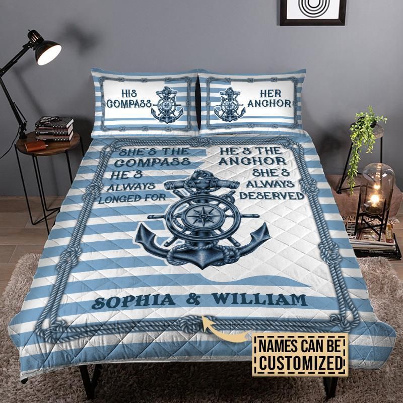 Personalized Sailor Striped His Compass Customized Quilt Set