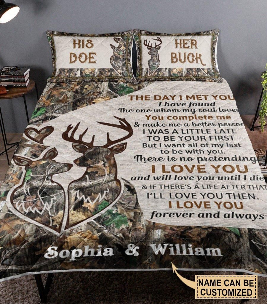 Personalized Deer Camo Buck And Doe The Day Quilt Set