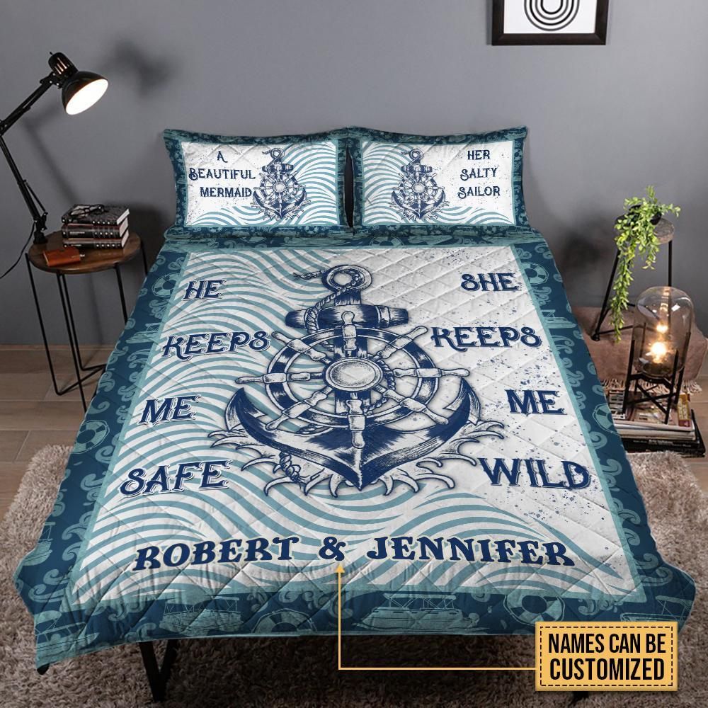 Personalized Sailor He Keeps Me Safe Customized Quilt Set