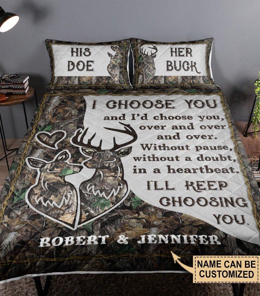Personalized Deer Keep Choosing Couple Camo Quilt Set