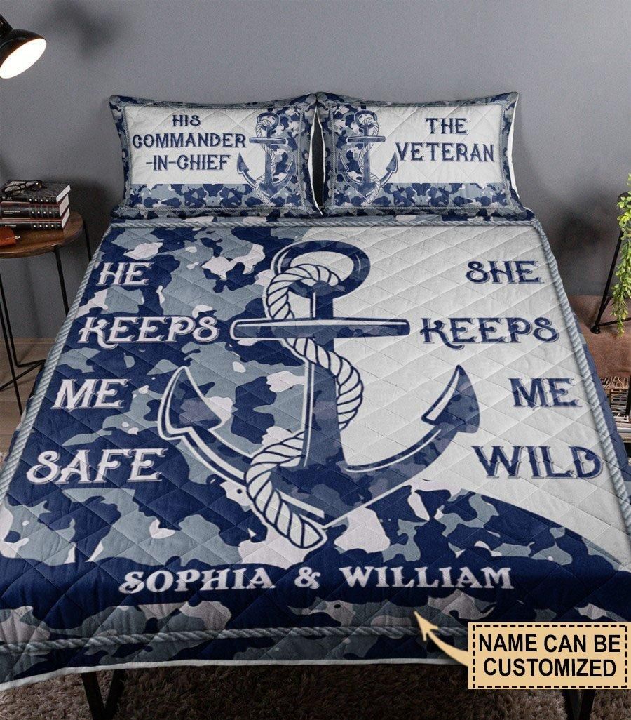Personalized Navy Veteran She Keeps Me Wild Quilt Set