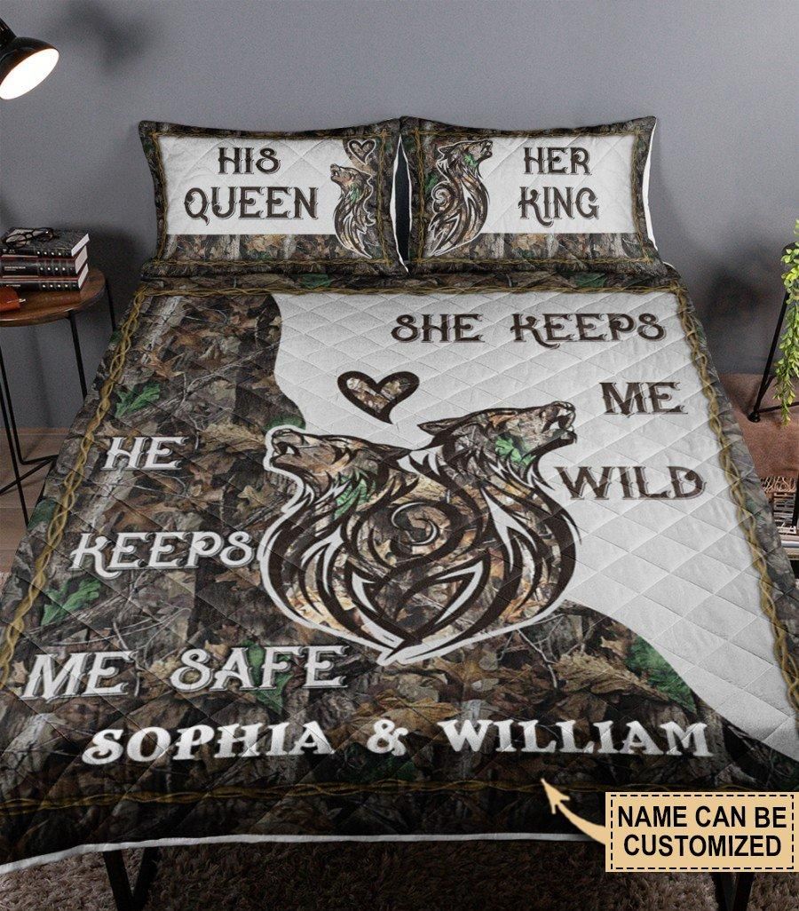 Personalized Wolf Couple Camo He Keeps Me Safe Customized Quilt Set
