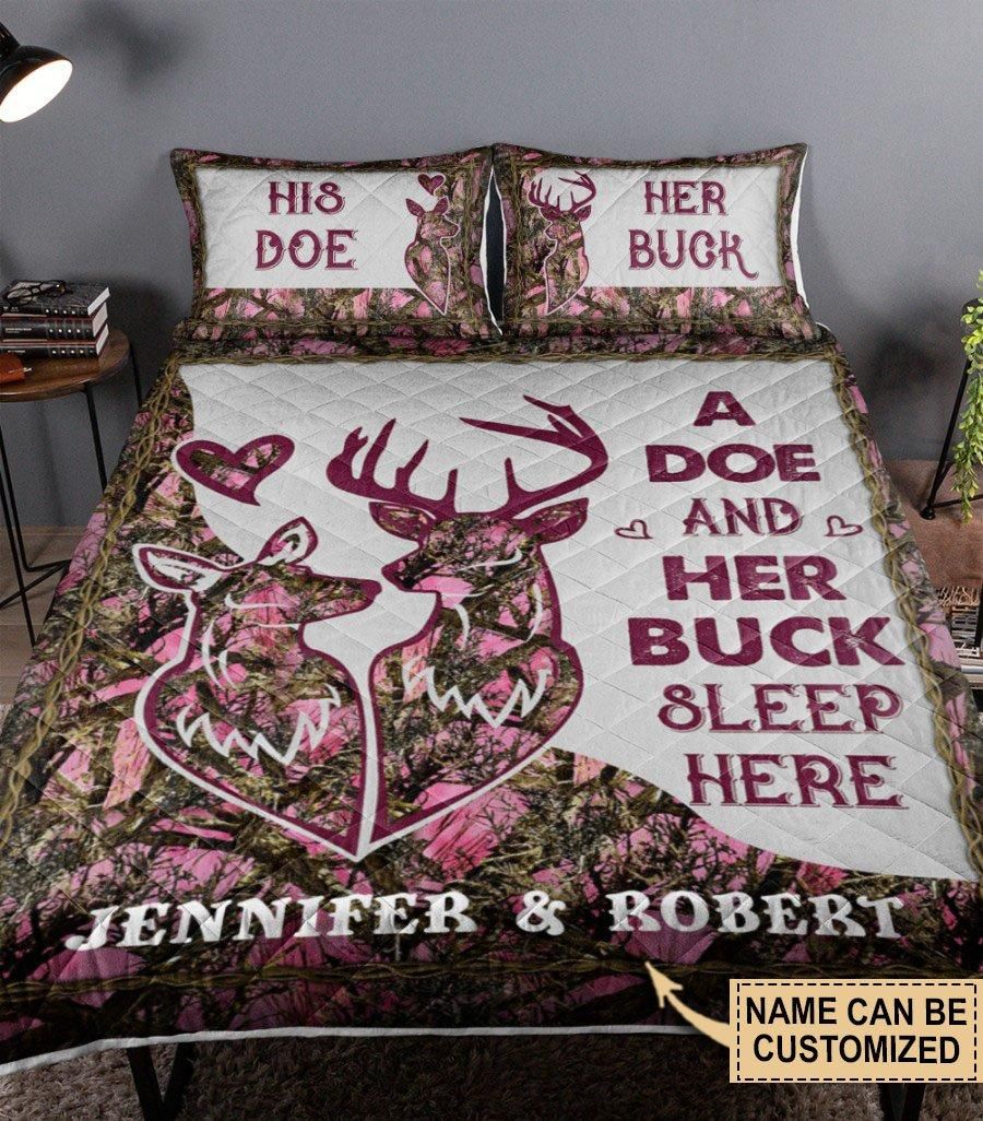 Personalized Deer Pink Camo A Doe And Her Buck Quilt Set