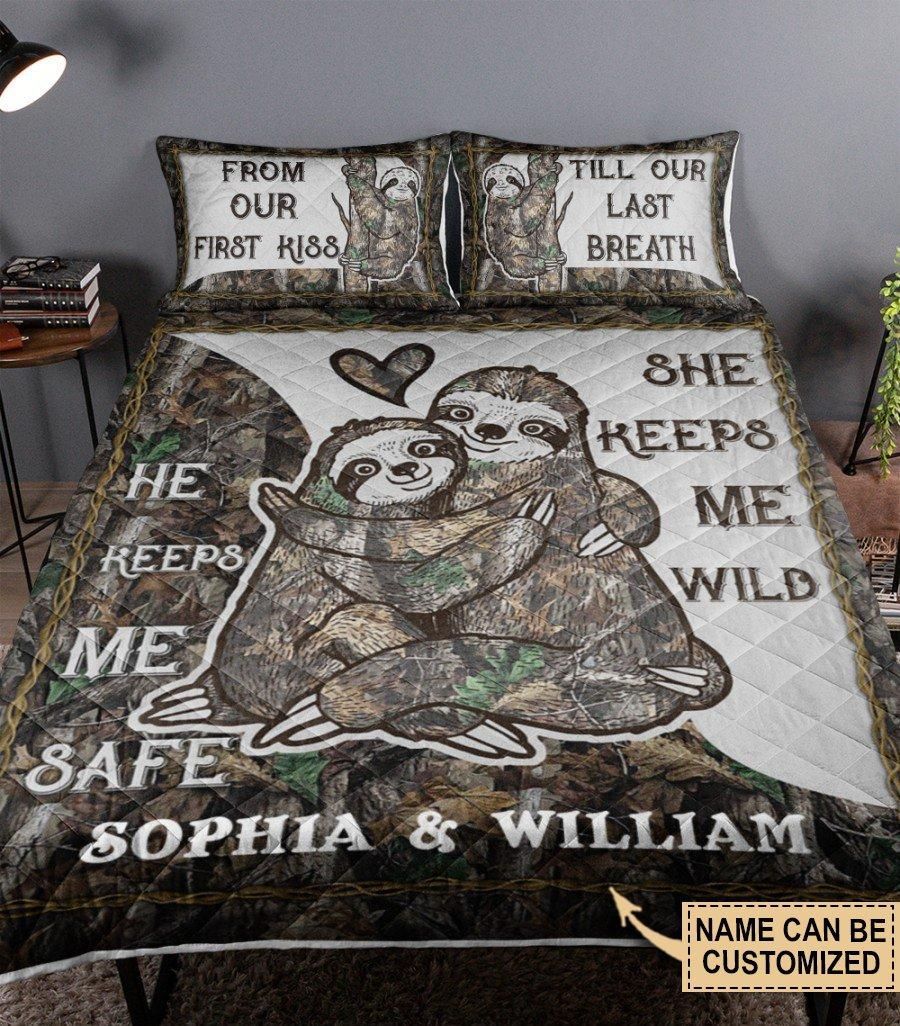 Personalized Sloth Couple He Keeps Me Safe Customized Quilt Set
