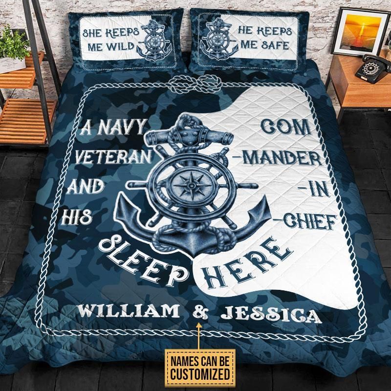 Personalized Navy Veteran Sleep Here Ocean Custom Quilt Set