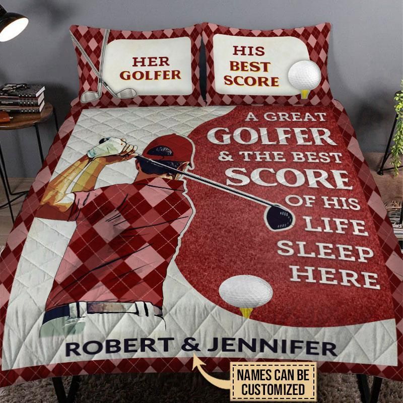 Personalized Golf Red Couple Golfer Best Score Live Customized Quilt Set