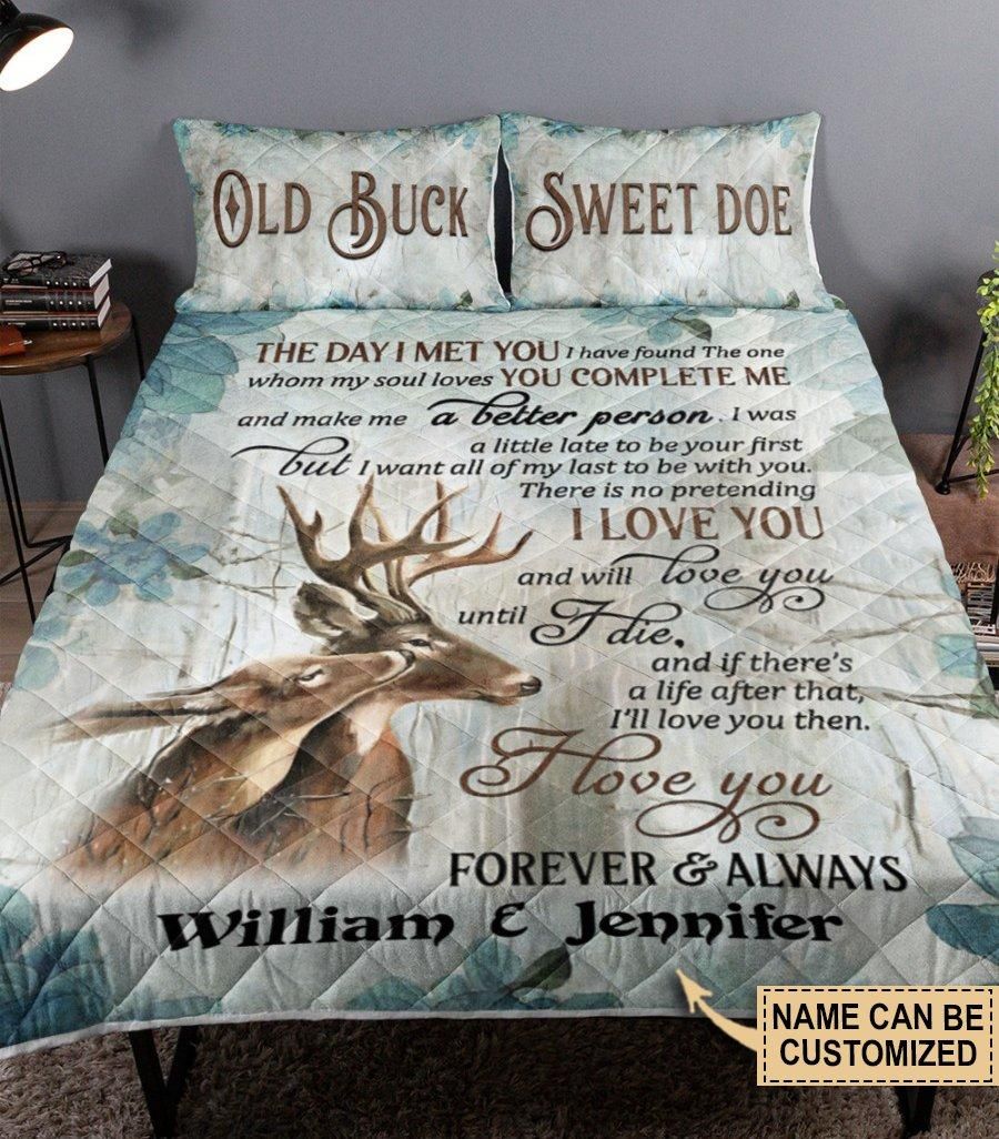 Personalized Deer The Day I Met You Blue Floral Customized Quilt Set