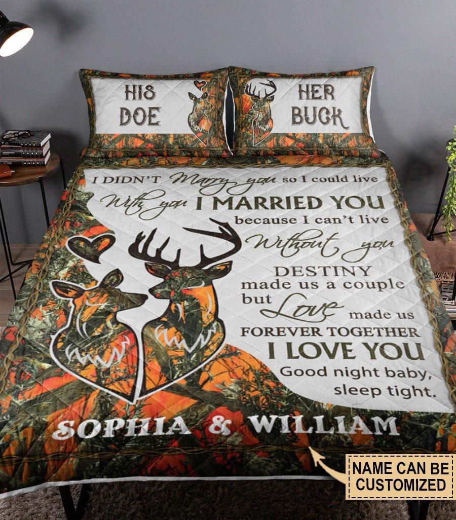 Personalized Deer Orange Camo Good Night Sleep Tight Customized Quilt Set