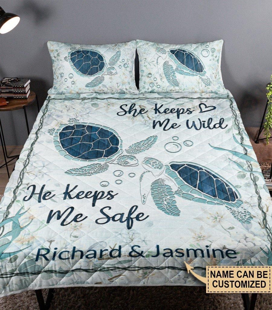 Personalized Sea Turtle He Keeps Me Safe Customized Quilt Set