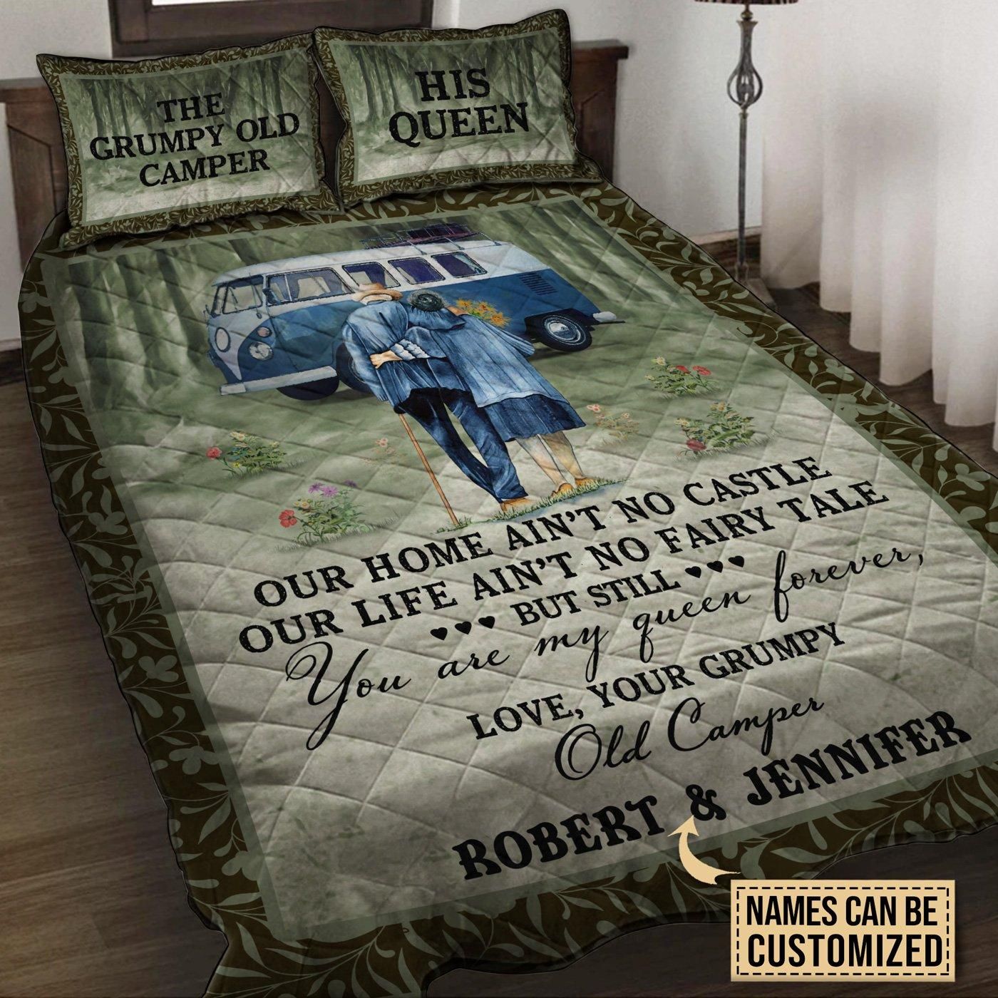 Personalized Camping Van Grumpy Camper And Queen Customized Quilt Set