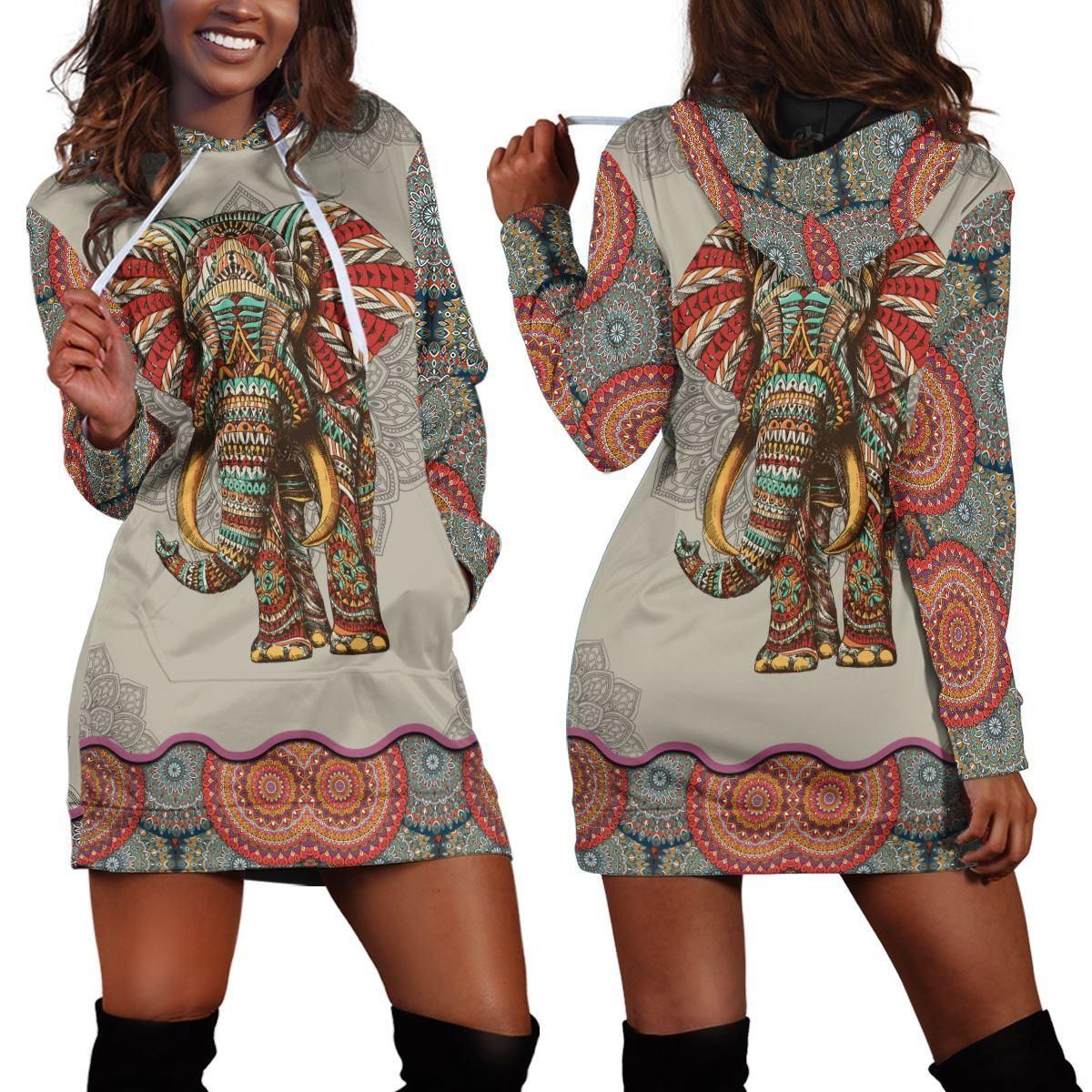 Elephant Mandala Pullover Hoodie Dress