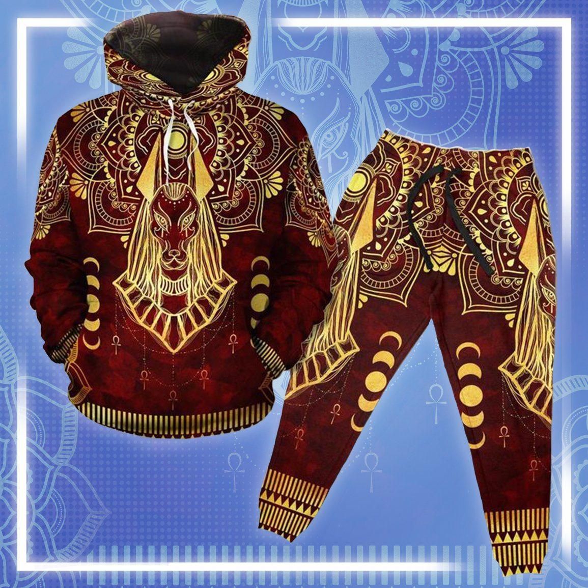 Anubis Pattern In Red Fleece All-over Hoodie And Joggers Set