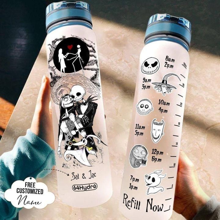 Personalized Jack And Sally Water Tracker Bottle PAN