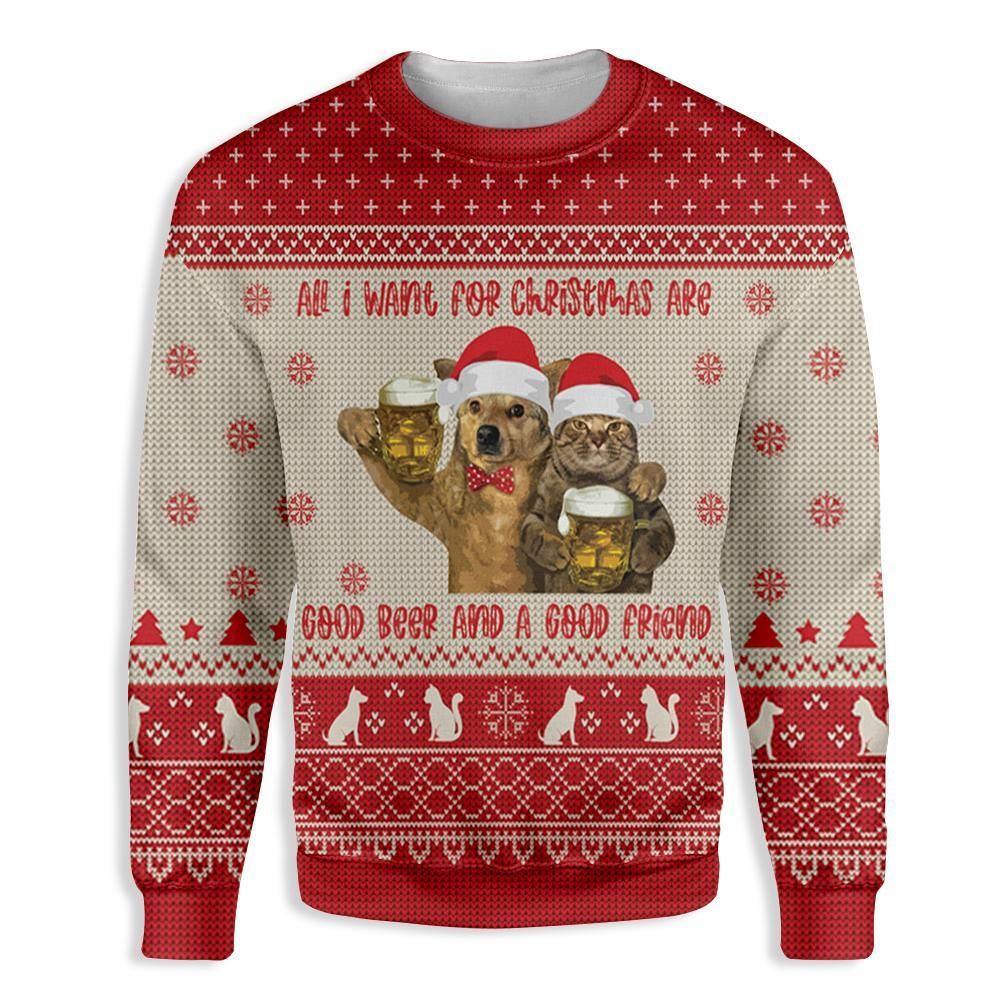 Cat All I Want For Christmas Are Good Beer And A Good Friend EZ25 1910 All Over Print Sweatshirt