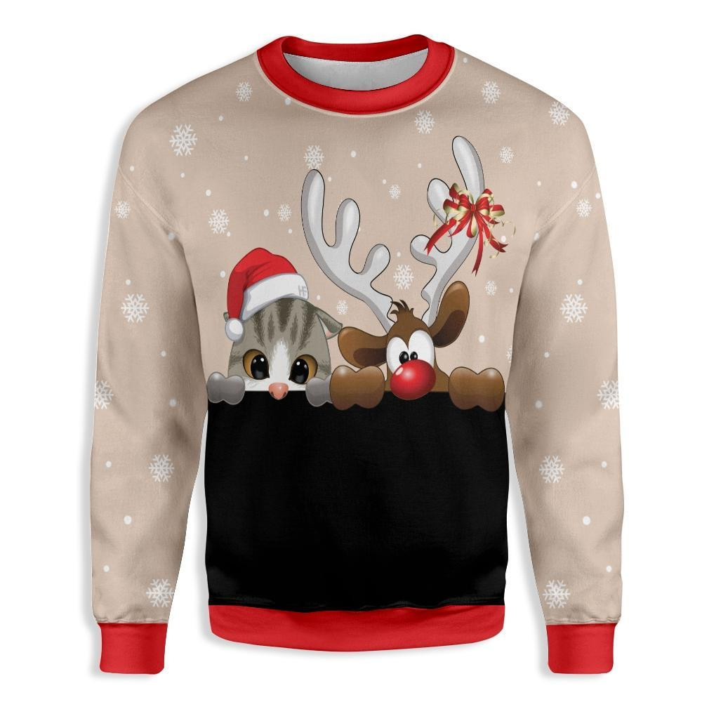 Christmas Cat And Reindeer EZ16 1610 All Over Print Sweatshirt