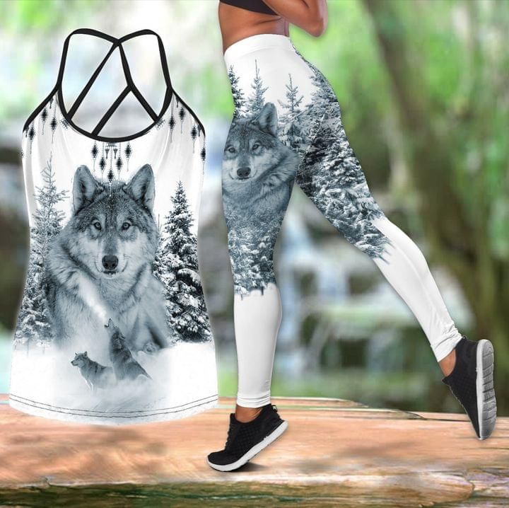 Wolf In Snow Forest Tank Top And Leggings Set