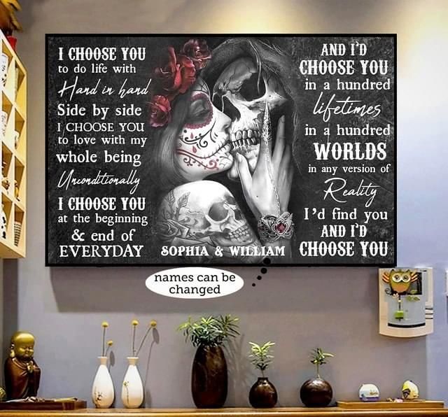 Personalized Gift For Couple Skull Rose Canvas Wall Art I Choose You PAN