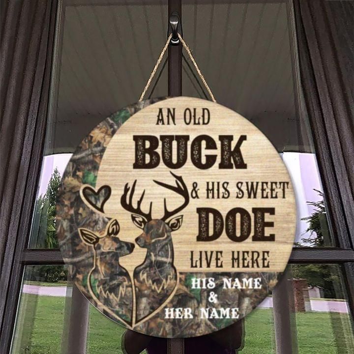Personalized Gift For Couple Buck & Doe Wood Circle Sign An Old Buck & His Sweet Doe Live Here