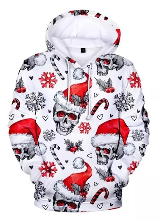 Skull Wearing Santa Hat Merry Christmas 3D Hoodie Zip