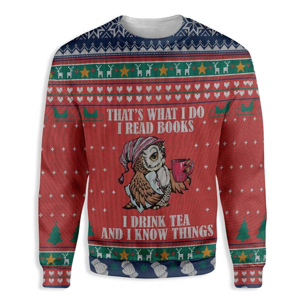 Ugly Christmas I Read Book And I Drink Tea Owl EZ12 0710 All Over Print Sweatshirt