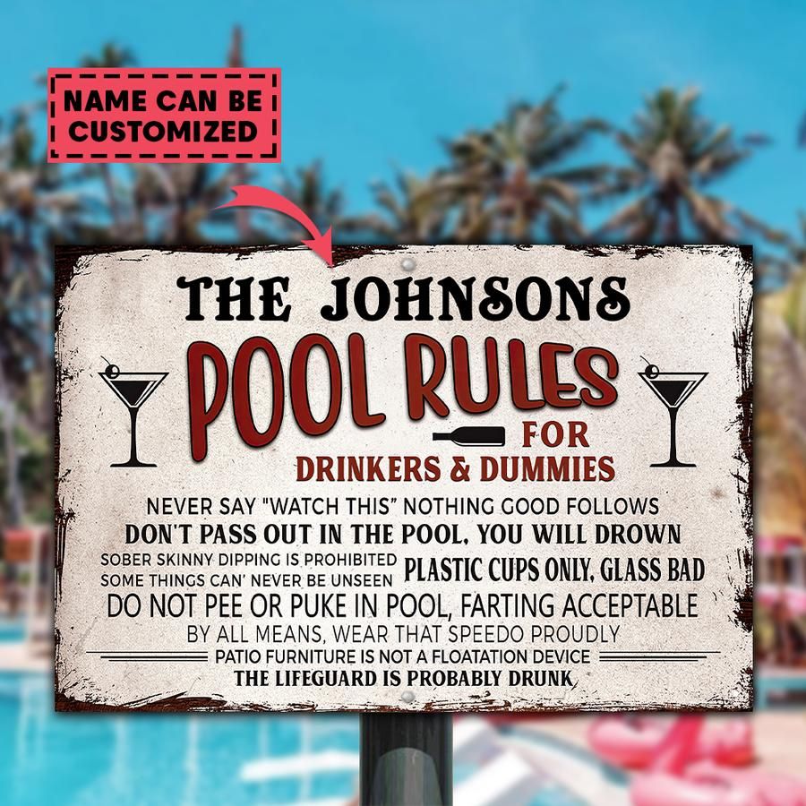 Personalized Pool Rules Swimming Metal Sign For Drinkers & Dummies