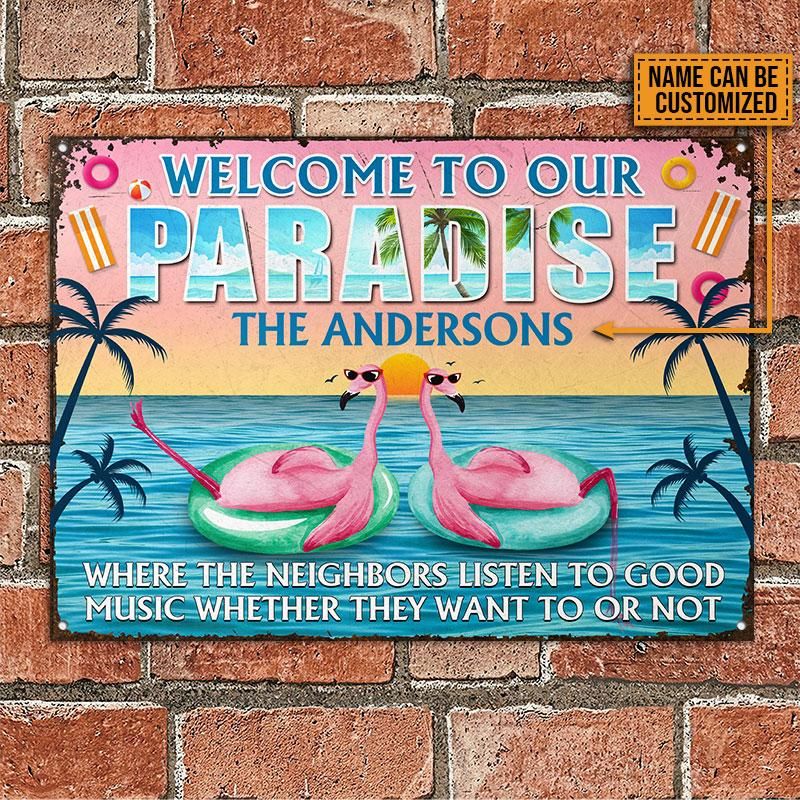 Personalized Gift For Couple Flamigo Metal Sign Paradise PAN