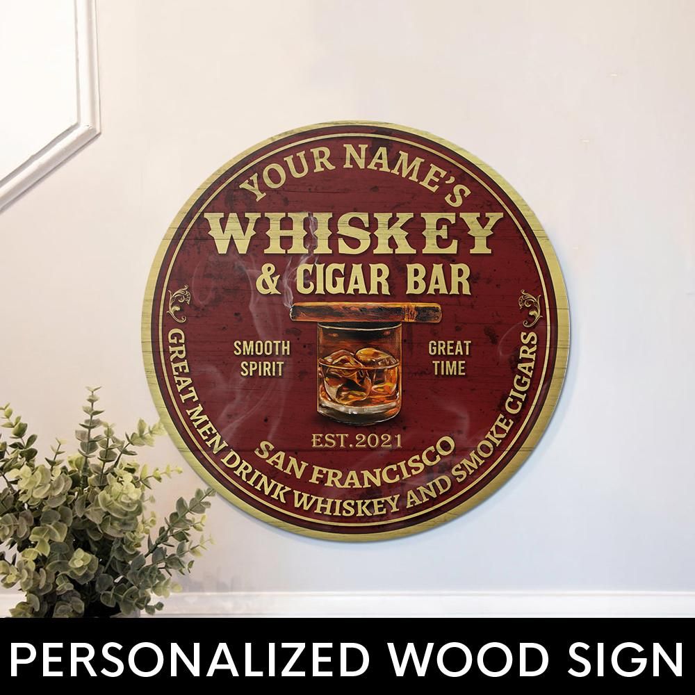 Personalized Bar Wood Circle Sign Whiskey And Cigar Bar