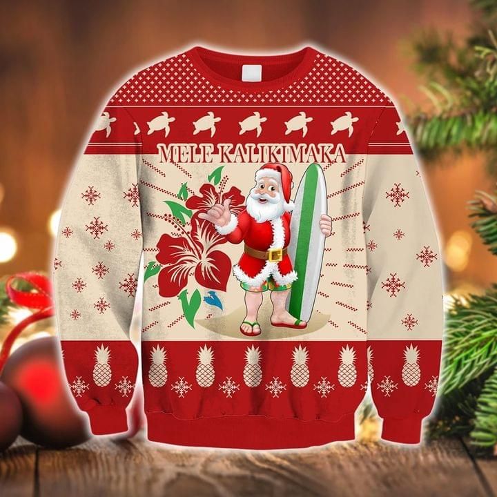 Santa Claus Christmas Surfing Sweater Mele Kalikimaka