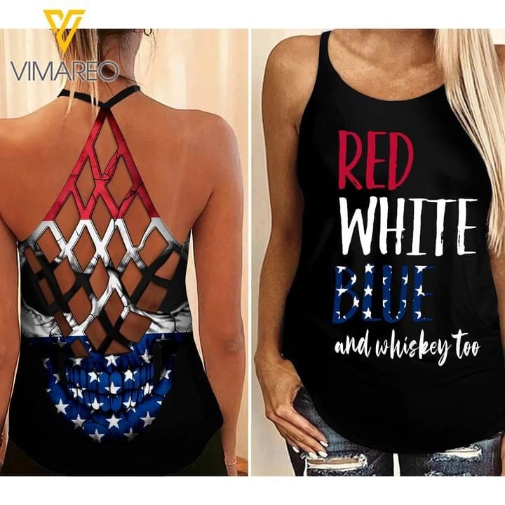 American Skull Criss-Cross Tank Top Red White Blue And Whisley Too