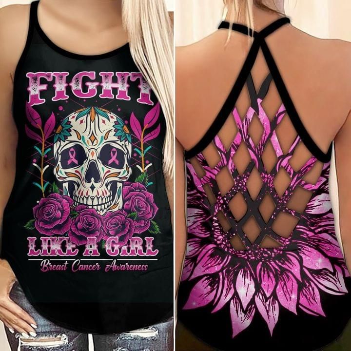 Breast Cancer Skull Sunflower Criss-Cross Tank Top Fight Like A Girl PANCRC0014