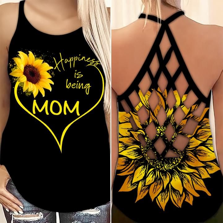 Gift For Mom Sunflower Criss-Cross Tank Top Happiness Is Being Mom
