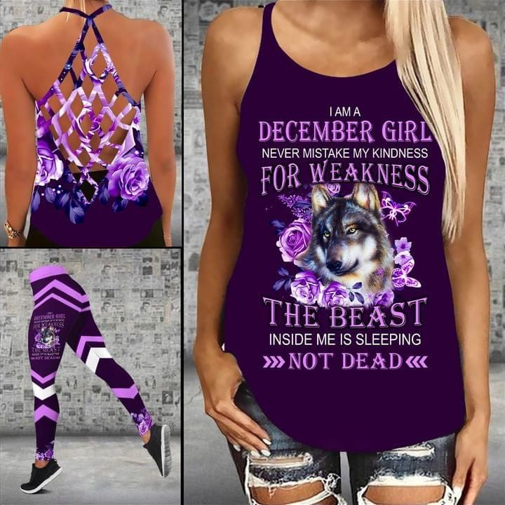 Husky Dog Flower Purple Criss-Cross Tank Top & Leggings Set I Am A December Girl
