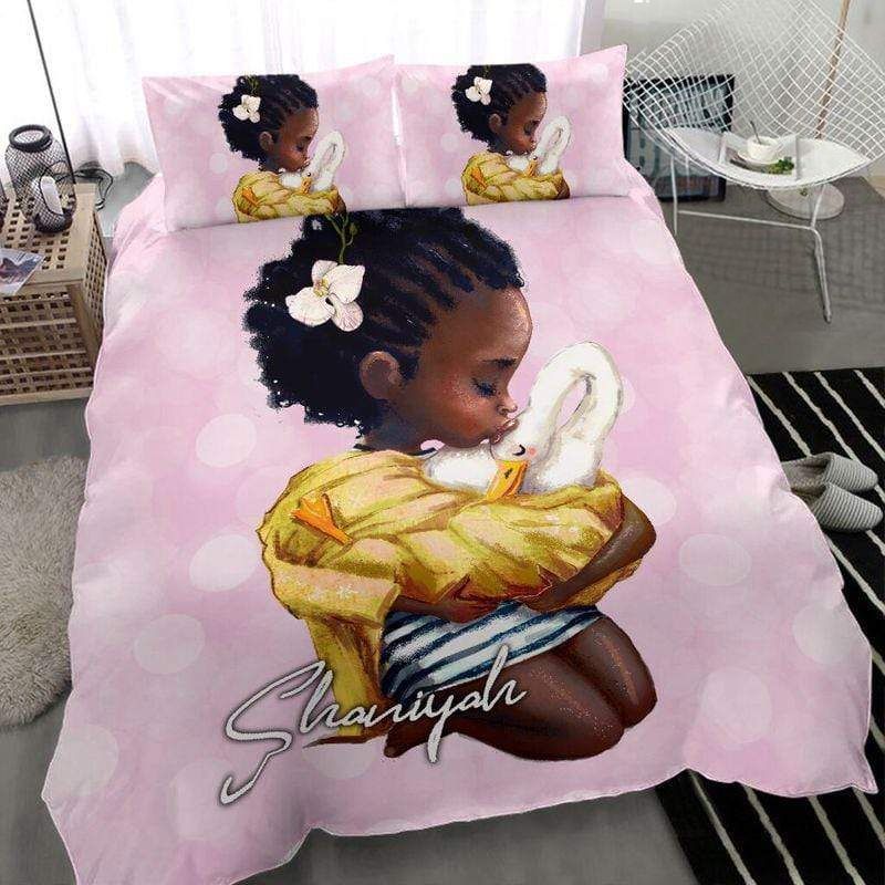 Personalized Black Little Girl With Swan Custom Name Duvet Cover Bedding Set