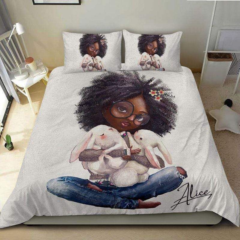 Personalized Black Little Girl With Rabbit Custom Name Duvet Cover Bedding Set