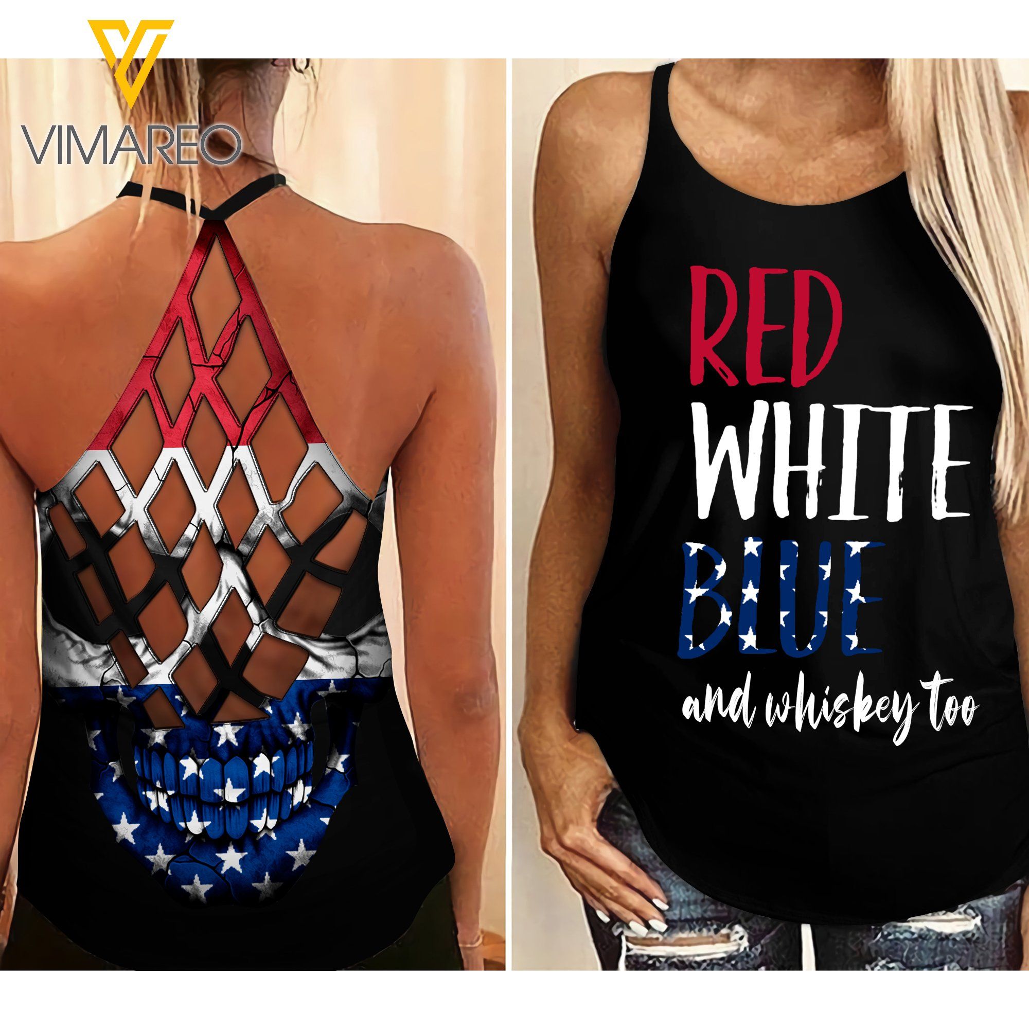 American Skull Criss-cross Red White Blue And Whiskey Too