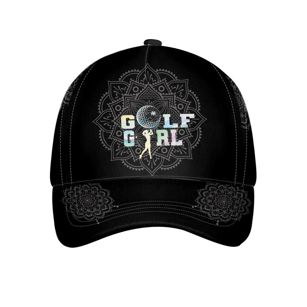 Holographic Wrinkled Foil Golf Girl Black Mandala Pattern Yoga Cap