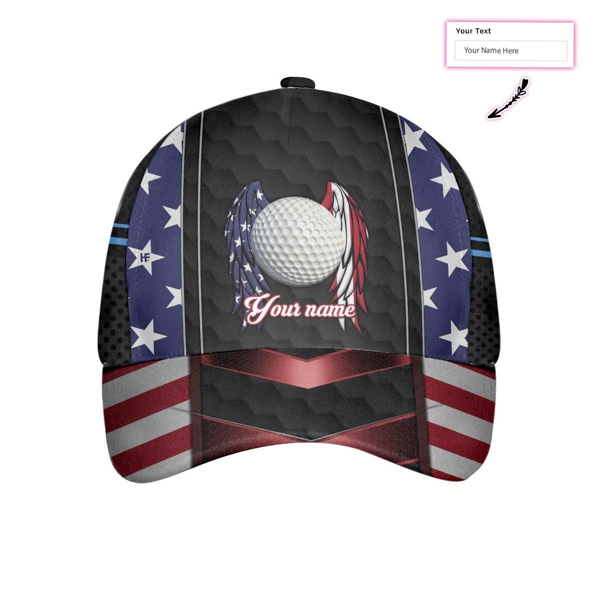 Golf Ball Wings American Flag Custom Name Cap
