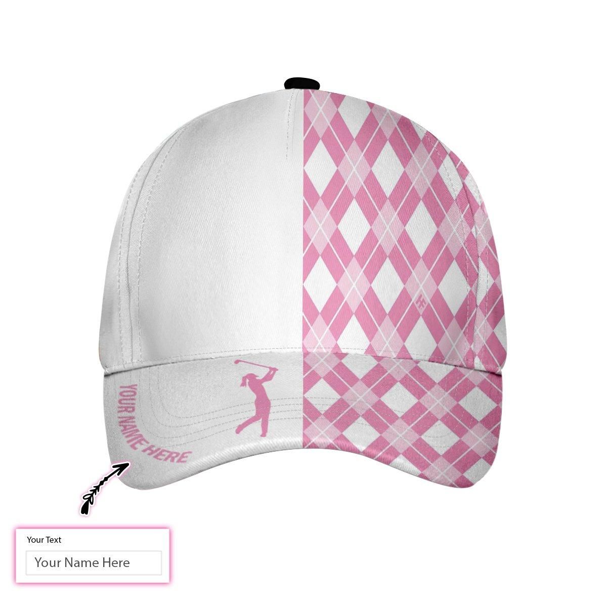 Custom Name Pink Girl Plays Golf Cap