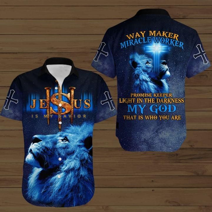 Jesus Lion Hawaiian Shirt My Savior Way Maker Miracle Worker