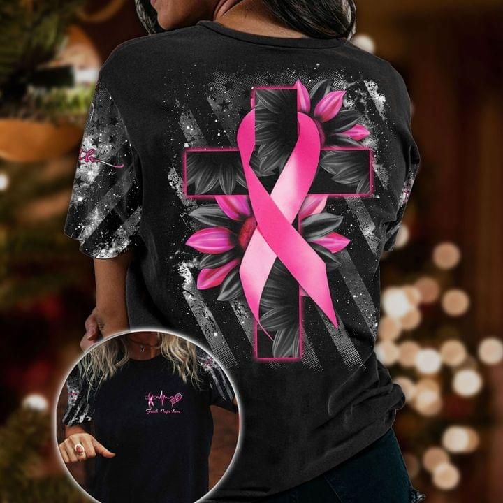 Breast Cancer Jesus Cross 3D T-shirt Black Sunflower PAN3TS0032