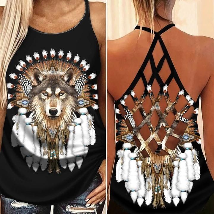 Wolf Native Feather Criss Cross Tank Top