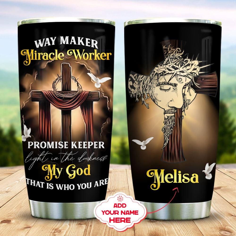 Personalized Jesus Christian Cross Dove Tumbler Way Maker Miracle Worker