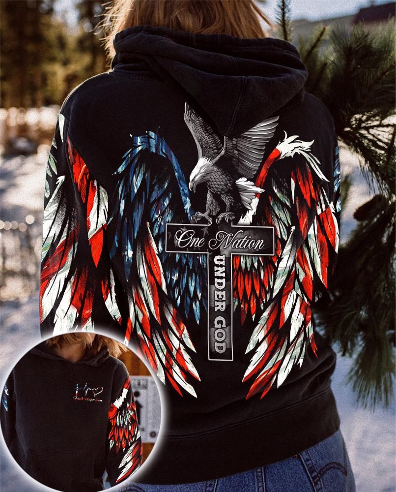 Eagle American Wing Cross 3D Hoodie One Nation Under God