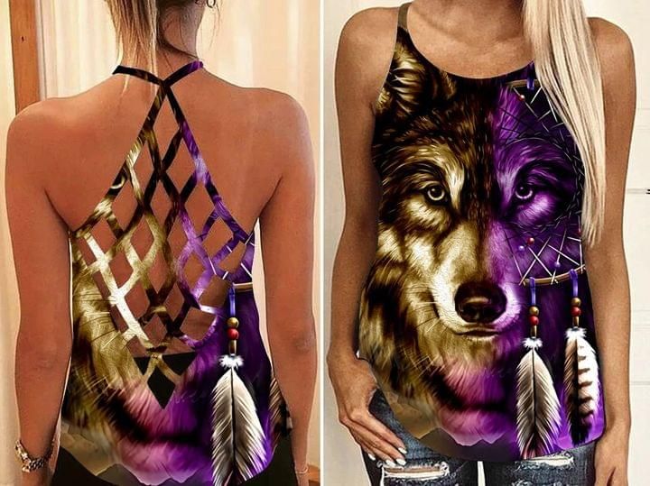Wolf Feather Full Printing Criss-Cross Tank Top