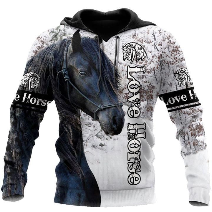 Black Horse In The Snow 3D Hoodie Love Horse
