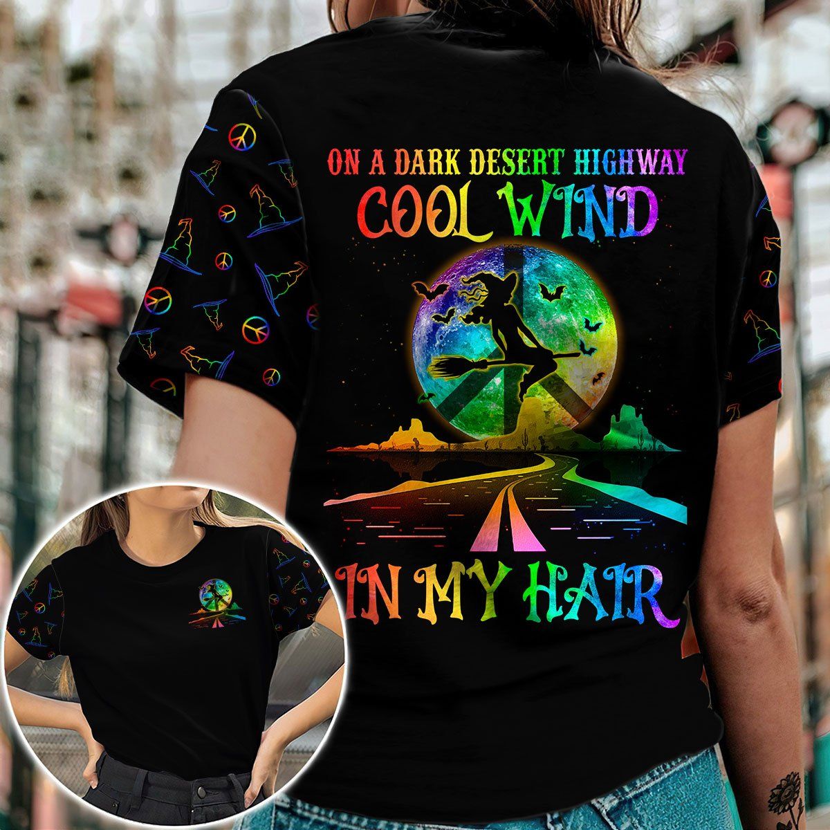 Witch Hippie Colorful 3D T-shirt On A Dark Desert Highway Cool Wind In My Hair