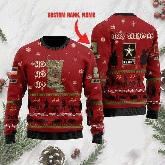 Personalized Soldiers Us Army Ho Ho Ho Custom Name & Rank Christmas Ugly Sweater PAN