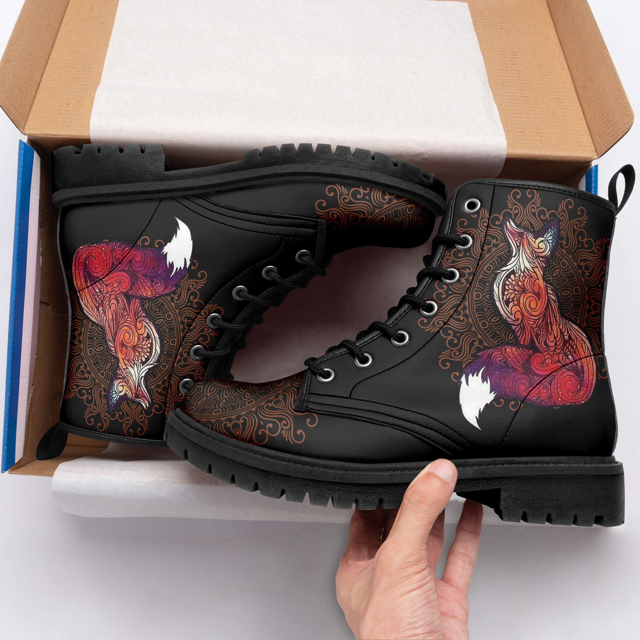 Fox Mandala Black Leather Boots PANLTB0007