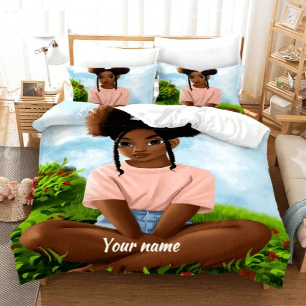 Personalized Lovely Black Girl Custom Name African American Bedding Set PANBED0027