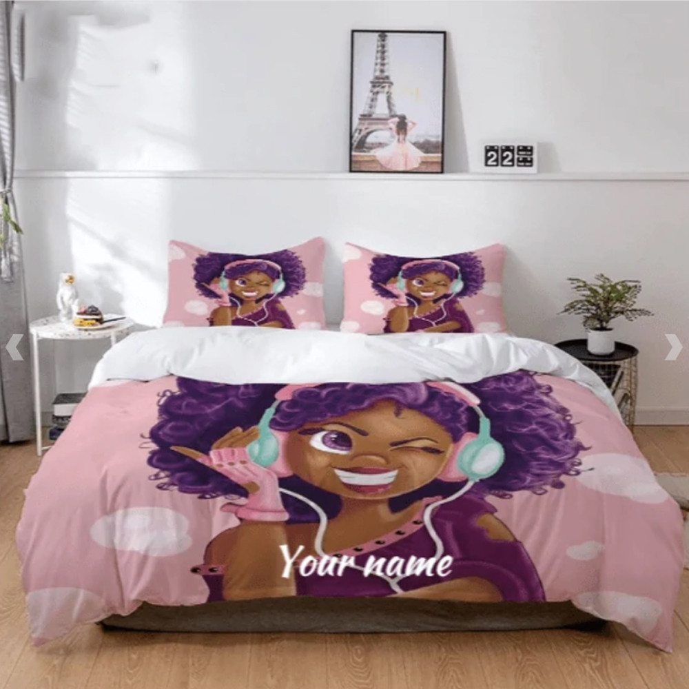 Personalized Black Girl Cute Pink Music African American Bedding Set PAN